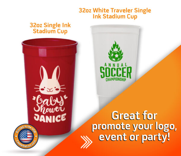 Personalized 32oz stadium cups, perfect for sporting events and baby shower