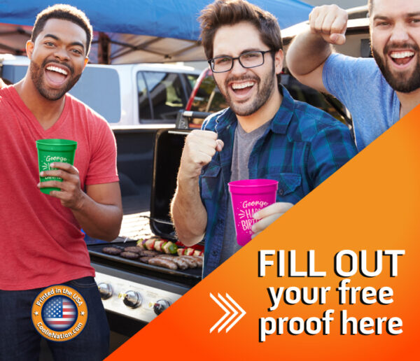 Group of friends enjoying a BBQ while holding customized stadium cups