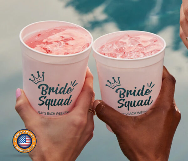 Customized stadium cups featuring the text "Bride Squad" for a wedding celebration