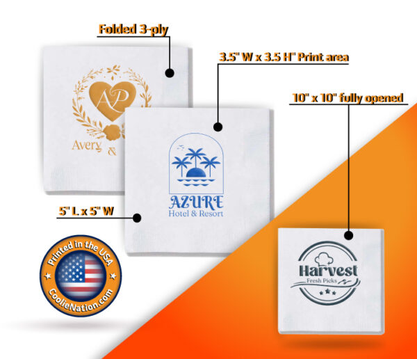 Custom white napkins with professional business designs.