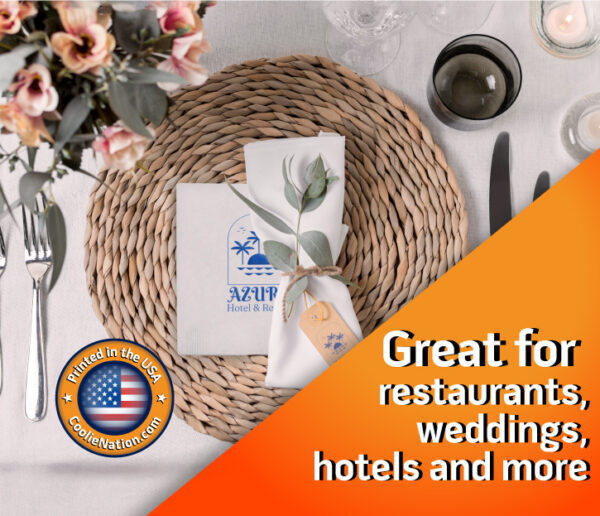 personalized white napkins with the hotel’s business logo on a formal dining table