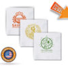 Three custom white napkins with elegant wedding and restaurant designs.