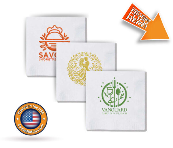 Three custom white napkins with elegant wedding and restaurant designs.