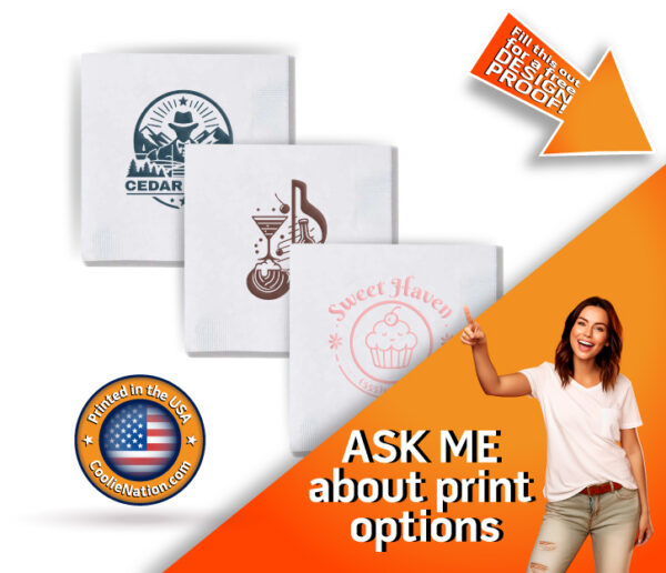 Personalized white napkins with company logos and branding