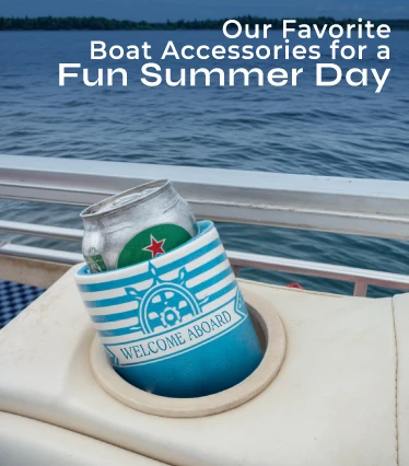 Hard foam multi ink koozie on a boat, perfect for keeping drinks chilled.