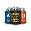 Custom hard foam koozies with text and single ink print in different designs, ideal for weddings, birthday parties, and corporate giveaways.