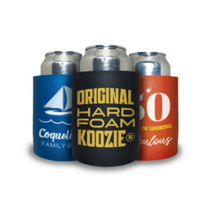 Custom hard foam koozies with text and single ink print in different designs, ideal for weddings, birthday parties, and corporate giveaways.