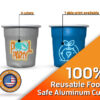 Two custom aluminum shot cups with single-side print, available in 4 colors, made from food-safe, reusable aluminum.