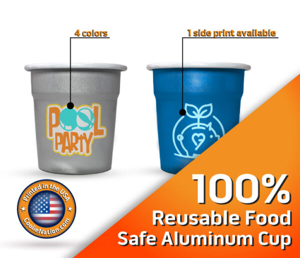 Two custom aluminum shot cups with single-side print, available in 4 colors, made from food-safe, reusable aluminum.
