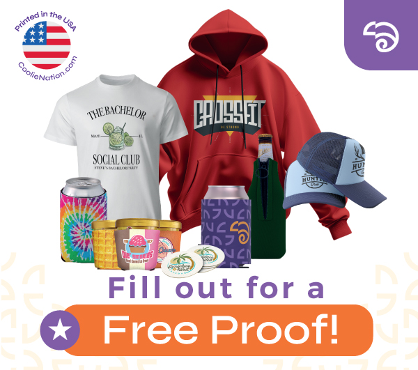 Custom koozies and apparel products printed in the USA, offering personalized designs for events and promotions