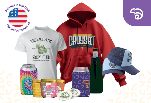 Custom koozies and apparel products, perfect for personalizing events and promotions with your unique design.