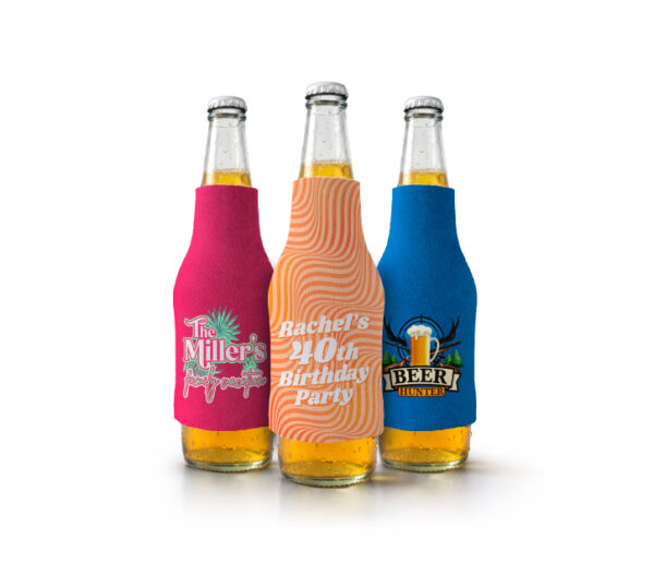 set of three foam sleeves koozie that fit over a bottle to keep drinks cool with customized family reunion design