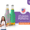 Custom neoprene bottle coolers with colorful full-wrap patterns and promotional branding for events and parties