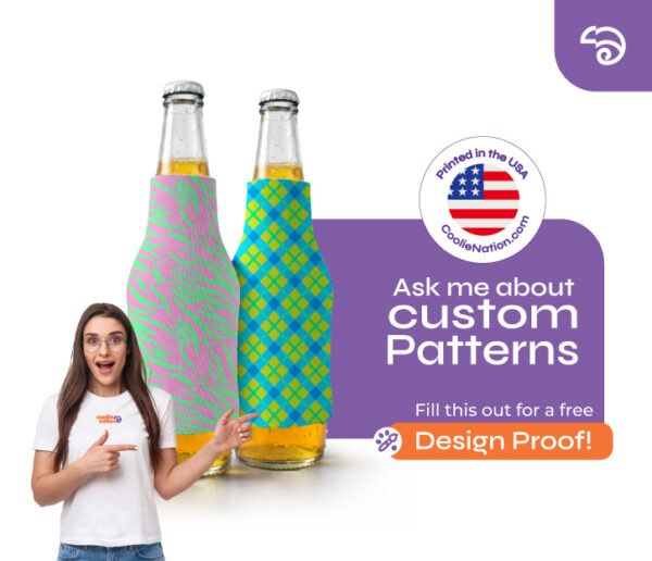 Custom neoprene bottle coolers with colorful full-wrap patterns and promotional branding for events and parties