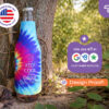 Tie-dye custom neoprene bottle cooler with “Keep Cool and Drink Cold Drinks” design on glass bottle, personalized bottle koozie for outdoor events and promotions.
