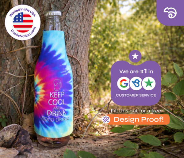 Tie-dye custom neoprene bottle cooler with “Keep Cool and Drink Cold Drinks” design on glass bottle, personalized bottle koozie for outdoor events and promotions.