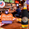 Custom black neoprene bottle cooler with logo displayed in a sports bar setting with rush production options