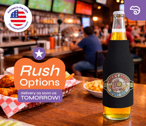 Custom black neoprene bottle cooler with logo displayed in a sports bar setting with rush production options
