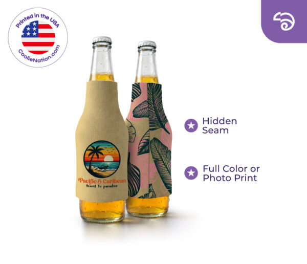 Full color custom bottle coolers with hidden seam design and photo print artwork for branded promotional merchandise
