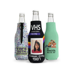 Custom zipper bottle koozies with full color designs, including birthday, photo, and personalized artwork