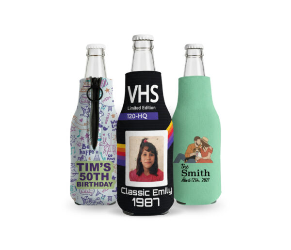 Custom zipper bottle koozies with full color designs, including birthday, photo, and personalized artwork