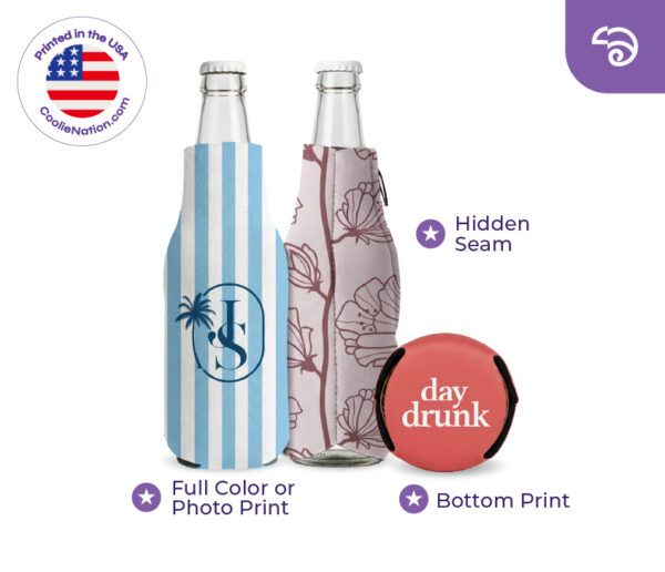 Zipper fabric bottle cooler with hidden seam, full color print, and custom bottom print options