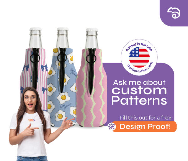 Custom patterned zipper fabric bottle coolers with full color print and unique design options