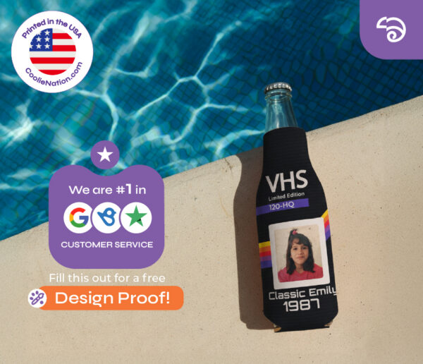 Custom photo print zipper bottle cooler with retro VHS design displayed poolside
