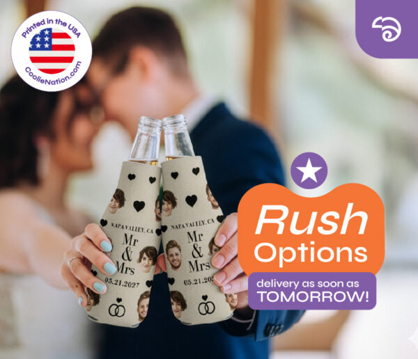 Custom Mr and Mrs zipper bottle koozies used by bride and groom at wedding reception with rush order option