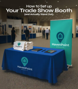 trade show booth setup with branded banner table cover and promotional swag items
