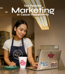 restaurant owner using branded promotional items like cups and stickers for marketing