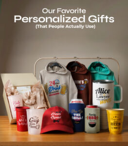 personalized gifts including custom mugs, cups, apparel, and drink coolers arranged on a table for a gift guide