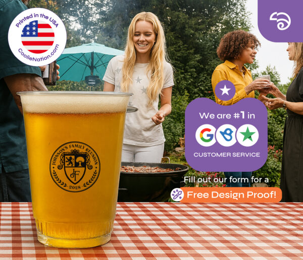 Personalized clear plastic cups used at outdoor party with custom family reunion logo