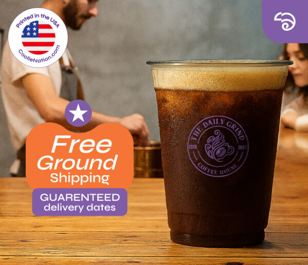 Custom 24oz clear plastic cup with coffee shop logo used for iced coffee and cold drinks