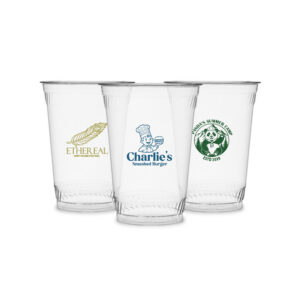 Custom 24oz clear soft-sided cups with printed logos for restaurants, events, and promotional branding