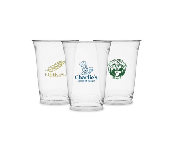 Custom 24oz clear soft-sided cups with printed logos for restaurants, events, and promotional branding