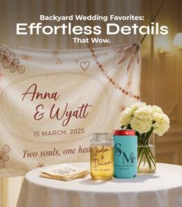 backyard wedding setup with personalized drinkware napkins and decorative banner