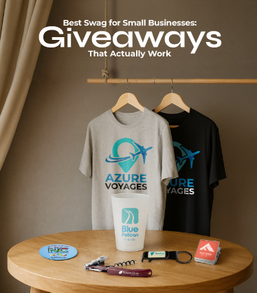 promotional swag items for small businesses including branded t shirts magnets and custom drinkware