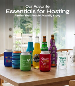 custom drinkware and coolies displayed on table for party hosting essentials and event planning ideas