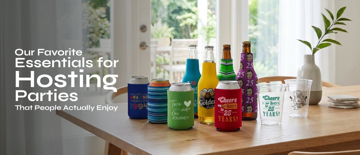 custom party essentials including personalized coolies cups and bottle coolers for hosting events people actually enjoy