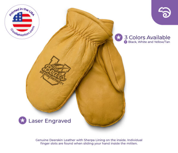 Custom tan deerskin leather choppers with laser engraved university logo and Sherpa lining, available in black, white, and tan colors