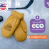 Custom leather choppers with engraved college team logo displayed on hockey rink ice, promotional winter mittens for universities