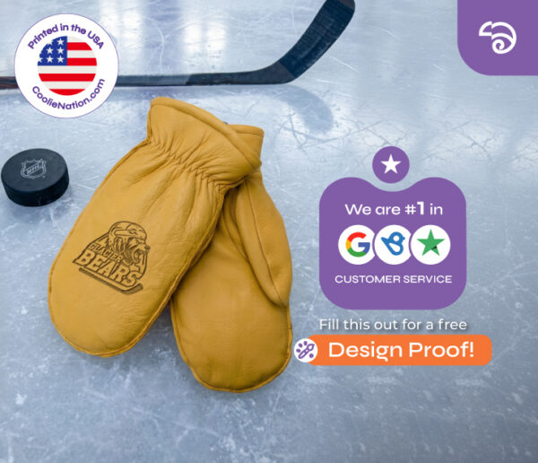 Custom leather choppers with engraved college team logo displayed on hockey rink ice, promotional winter mittens for universities