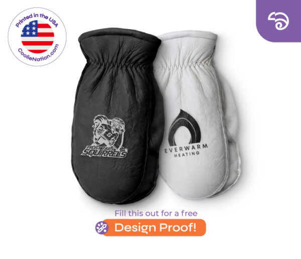 Black and white custom leather choppers with laser engraved logos and call to action for free design proof from CoolieNation