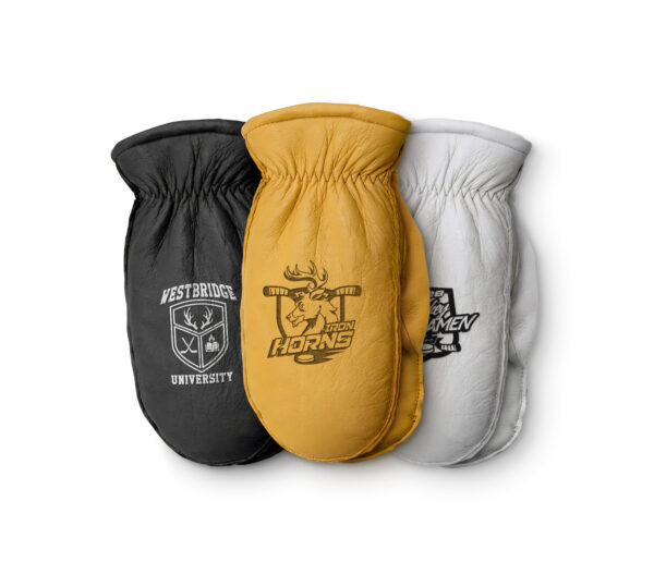 Three custom deerskin leather choppers in black, tan, and white with engraved logos, personalized winter mittens for teams and universities