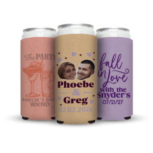 Three custom skinny can koozies with wedding design on them
