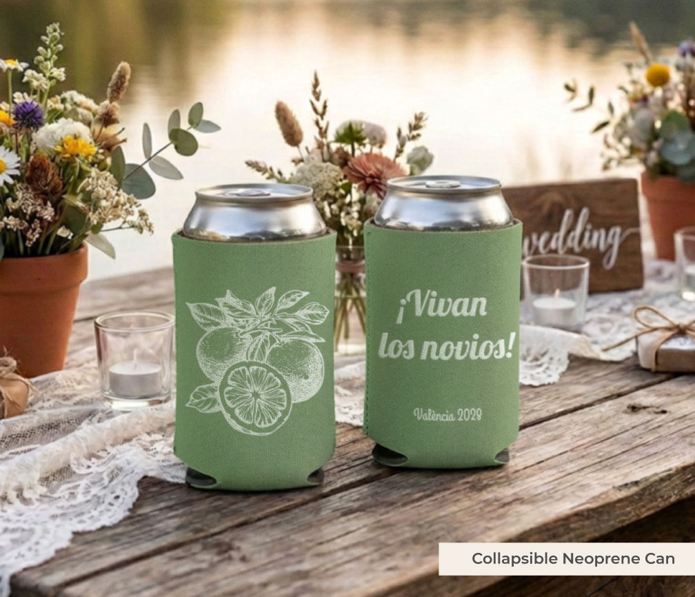 Stack of sage green collapsible neoprene can coolers, custom wedding coolies printed with white citrus art and ¡Vivan los novios!, one personalized wedding favor in front of the order box.