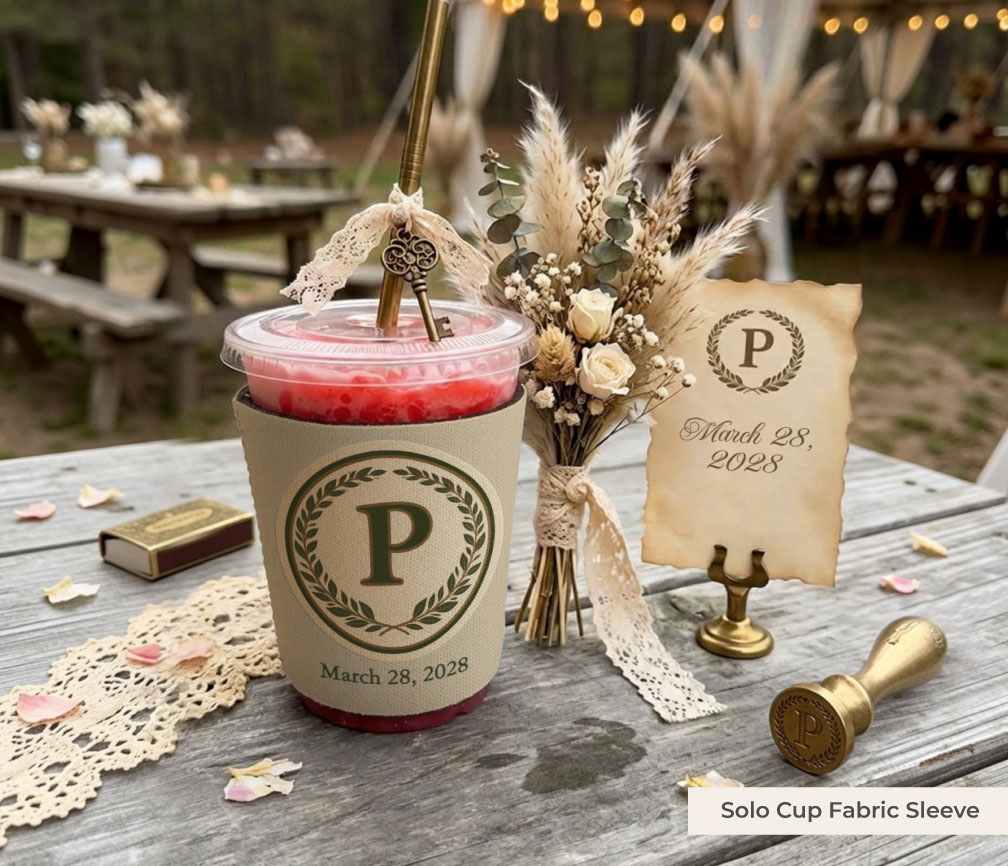 Kraft solo cup fabric sleeve on a red drink with a gold straw, laurel monogram P and March 28, 2026, beside dried florals and a calligraphed wedding favor card at an outdoor reception.