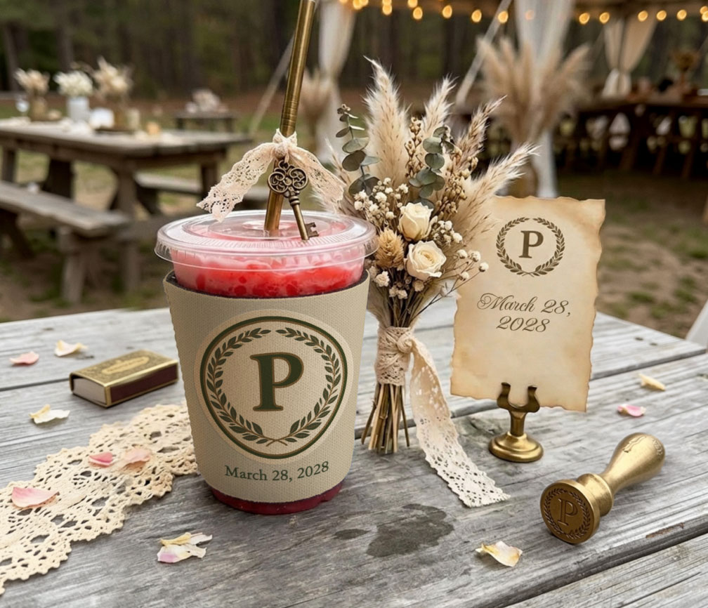 Close-up of a personalized kraft solo cup sleeve on a wedding drink, green laurel initial P, with lace, a wax seal, and a monogram favor card on a picnic table.