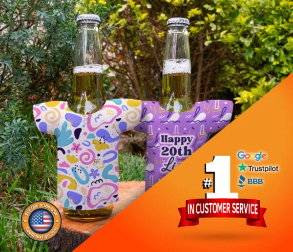Custom birthday jersey bottle koozies, personalized for party drinks